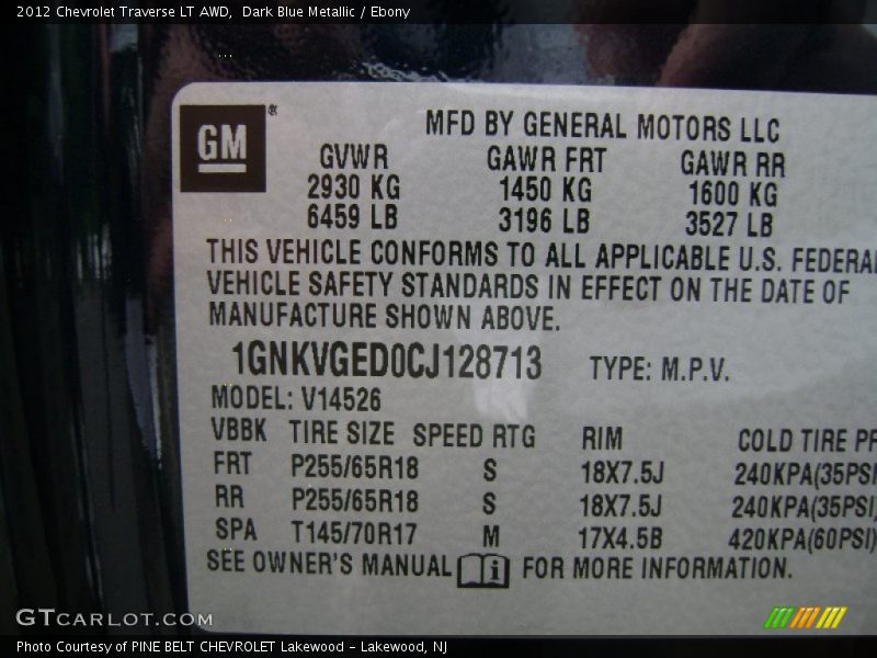 Dark Blue Metallic / Ebony 2012 Chevrolet Traverse LT AWD