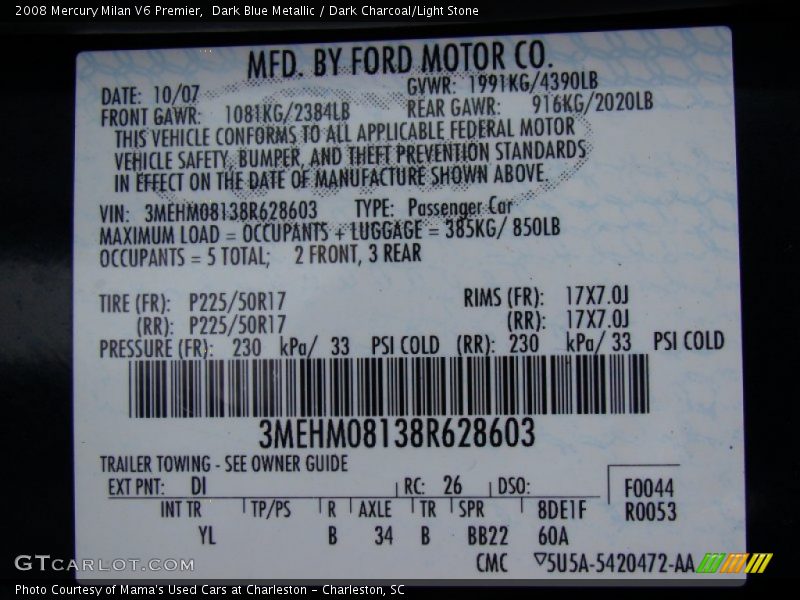 Dark Blue Metallic / Dark Charcoal/Light Stone 2008 Mercury Milan V6 Premier