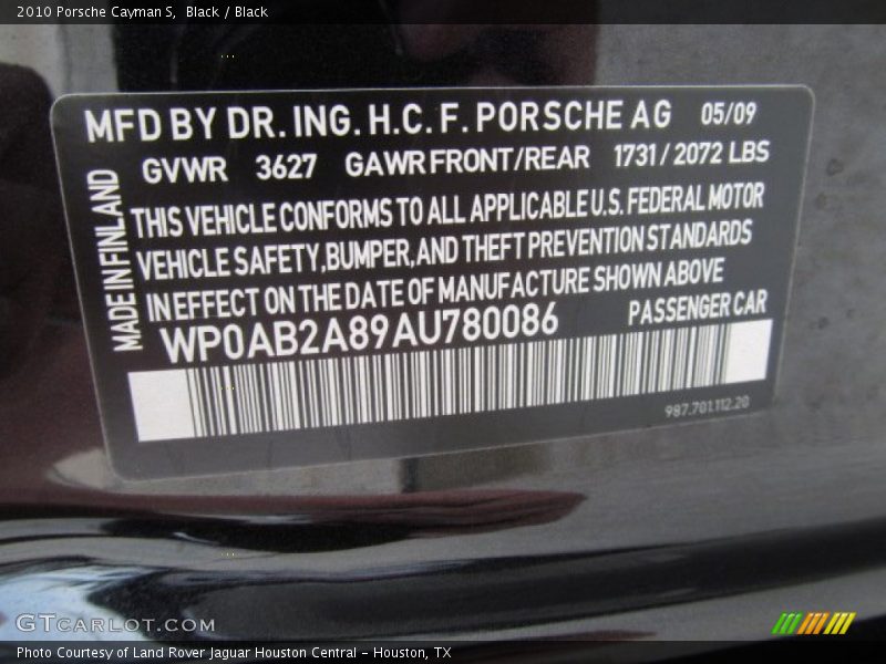 Info Tag of 2010 Cayman S