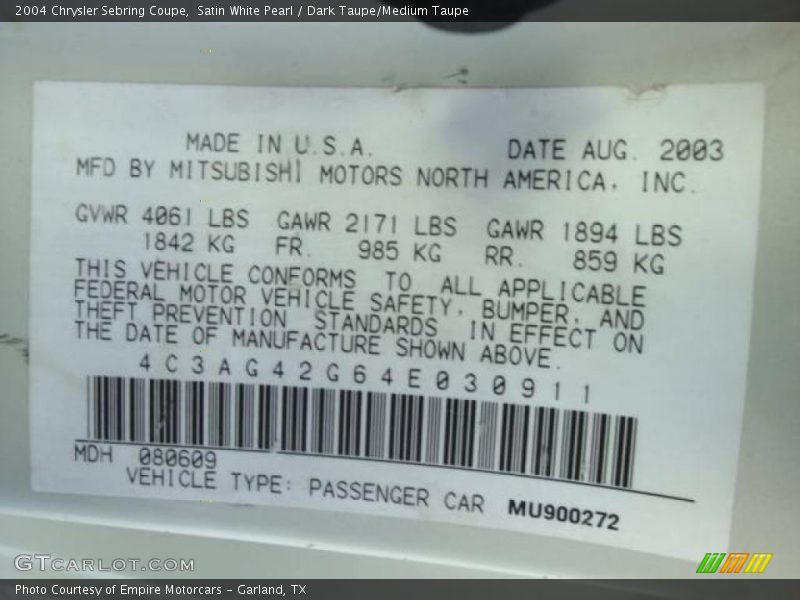 Satin White Pearl / Dark Taupe/Medium Taupe 2004 Chrysler Sebring Coupe