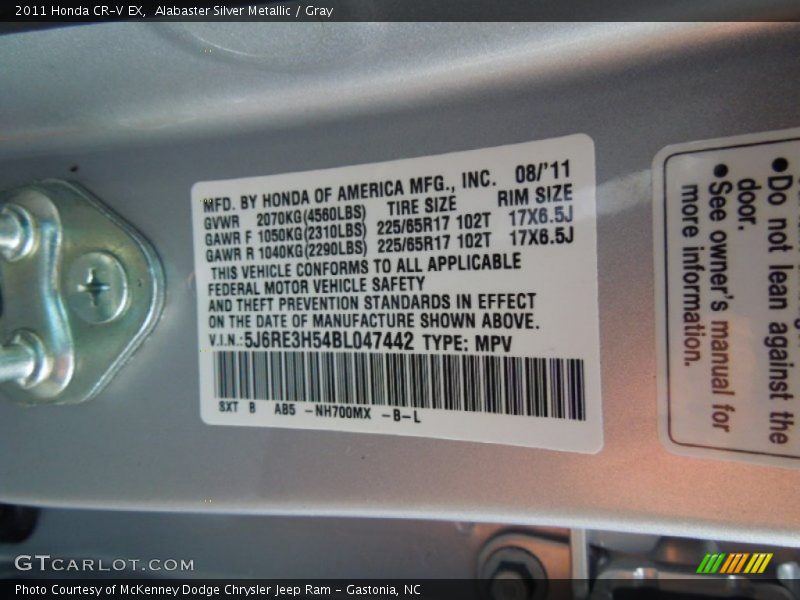 Alabaster Silver Metallic / Gray 2011 Honda CR-V EX