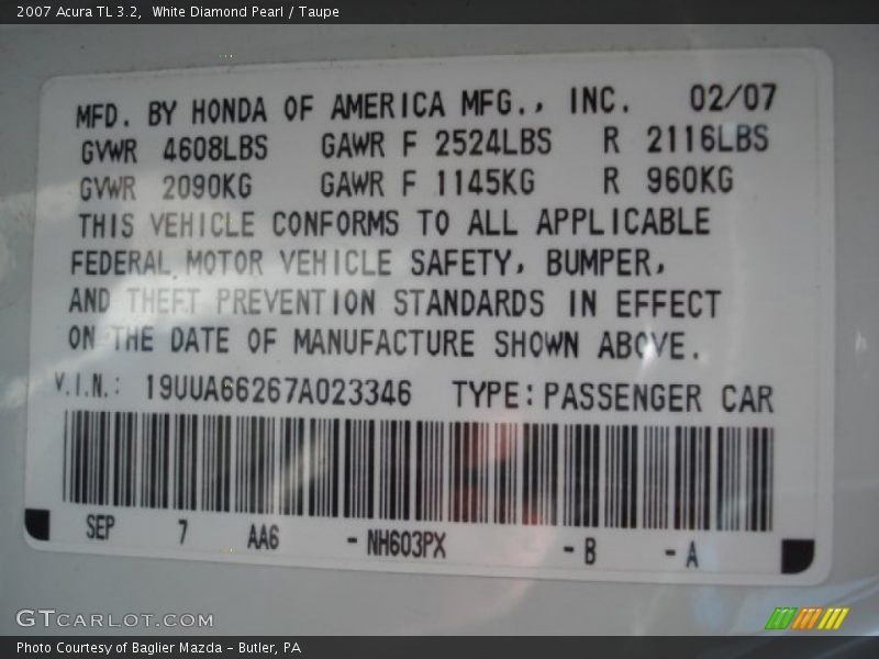 White Diamond Pearl / Taupe 2007 Acura TL 3.2