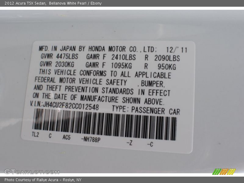 2012 TSX Sedan Bellanova White Pearl Color Code NH788P