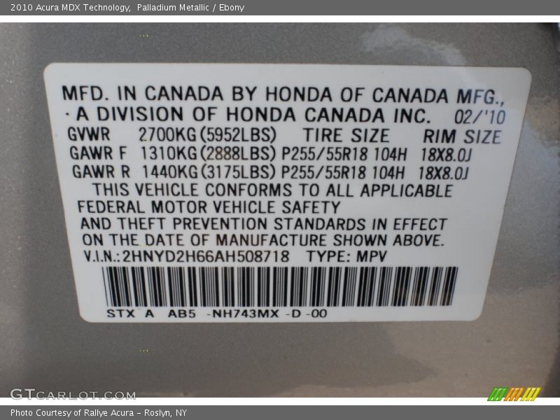 Palladium Metallic / Ebony 2010 Acura MDX Technology
