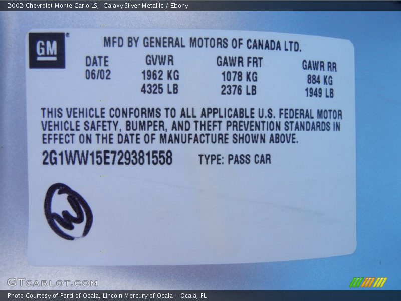 Info Tag of 2002 Monte Carlo LS