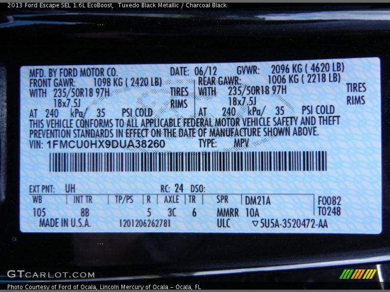 2013 Escape SEL 1.6L EcoBoost Tuxedo Black Metallic Color Code UH