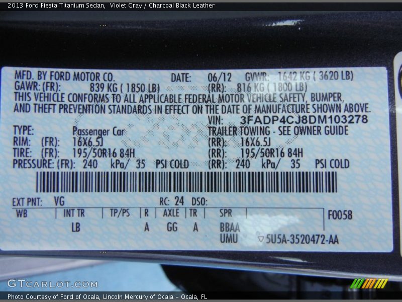 2013 Fiesta Titanium Sedan Violet Gray Color Code VG