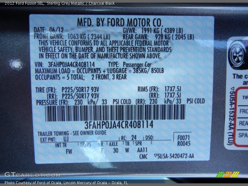 Sterling Grey Metallic / Charcoal Black 2012 Ford Fusion SEL