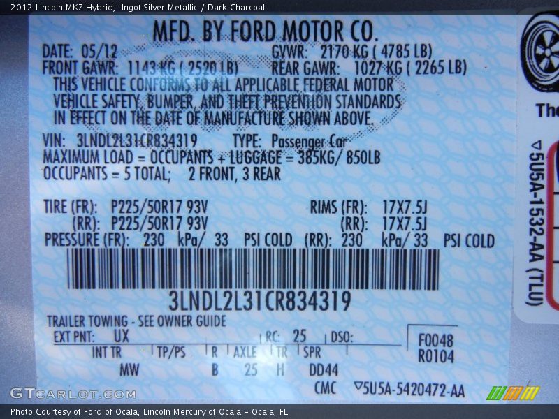 Ingot Silver Metallic / Dark Charcoal 2012 Lincoln MKZ Hybrid