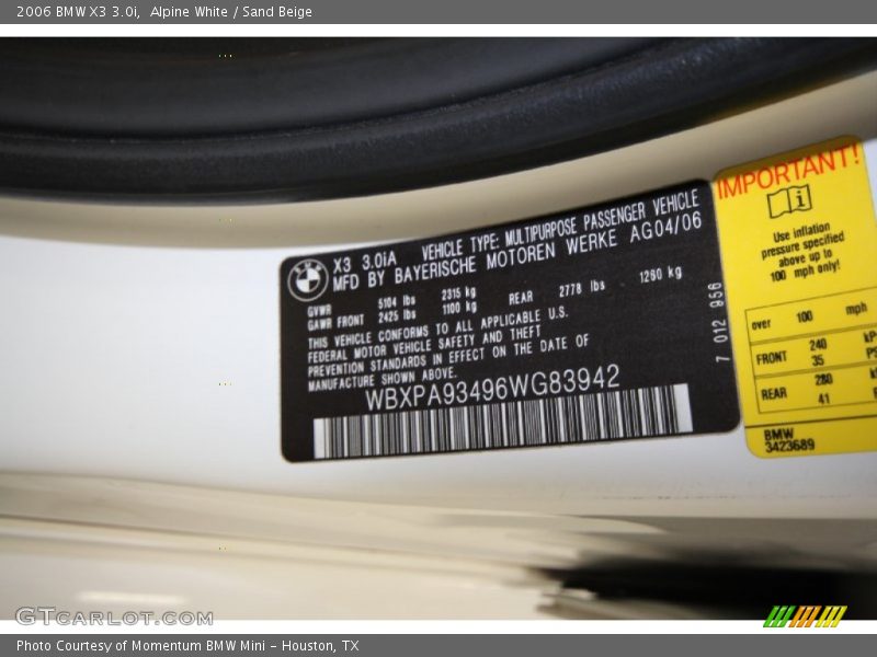 Alpine White / Sand Beige 2006 BMW X3 3.0i