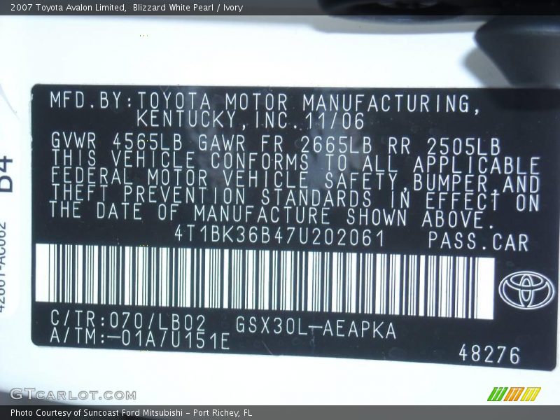 Blizzard White Pearl / Ivory 2007 Toyota Avalon Limited