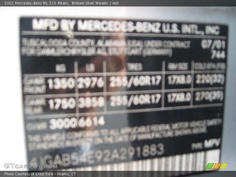 Brilliant Silver Metallic / Ash 2002 Mercedes-Benz ML 320 4Matic