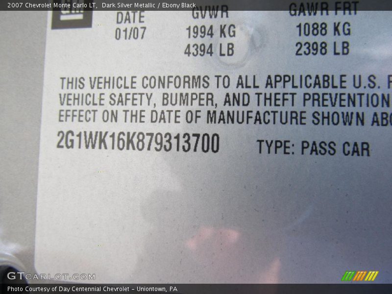 Dark Silver Metallic / Ebony Black 2007 Chevrolet Monte Carlo LT