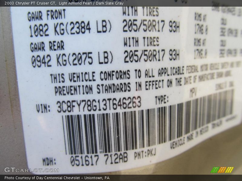 2003 PT Cruiser GT Light Almond Pearl Color Code PKJ