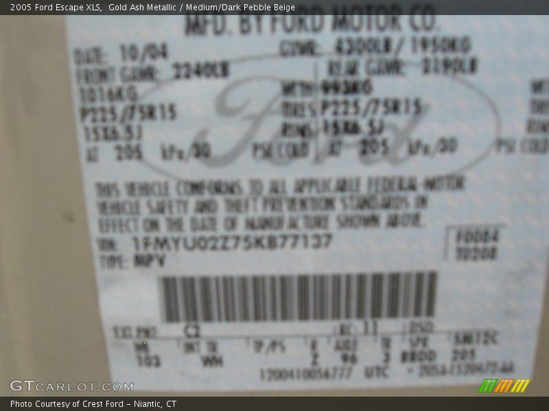 Gold Ash Metallic / Medium/Dark Pebble Beige 2005 Ford Escape XLS