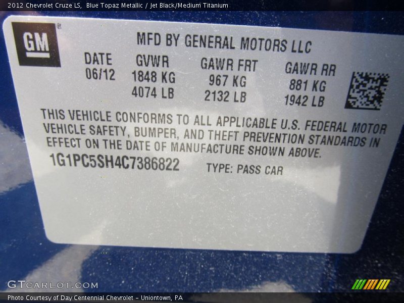 Blue Topaz Metallic / Jet Black/Medium Titanium 2012 Chevrolet Cruze LS
