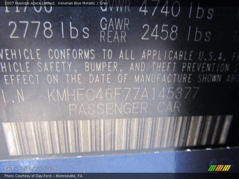 Venetian Blue Metallic / Gray 2007 Hyundai Azera Limited