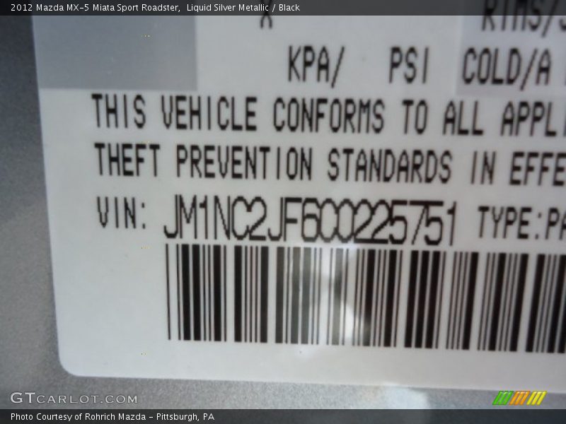 Liquid Silver Metallic / Black 2012 Mazda MX-5 Miata Sport Roadster