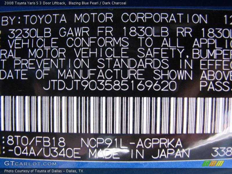 Blazing Blue Pearl / Dark Charcoal 2008 Toyota Yaris S 3 Door Liftback