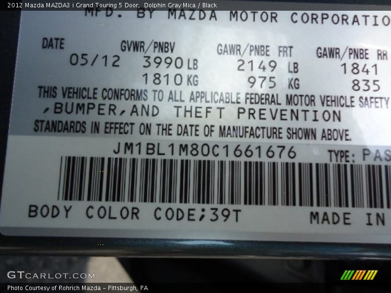 2012 MAZDA3 i Grand Touring 5 Door Dolphin Gray Mica Color Code 39T