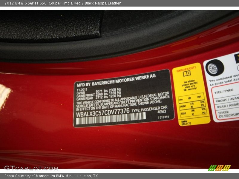 2012 6 Series 650i Coupe Imola Red Color Code 405