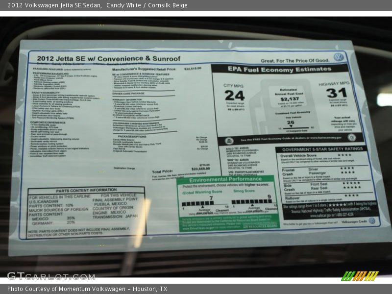Candy White / Cornsilk Beige 2012 Volkswagen Jetta SE Sedan