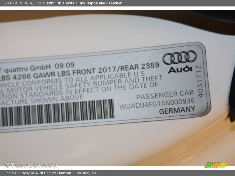 Ibis White / Fine Nappa Black Leather 2010 Audi R8 4.2 FSI quattro
