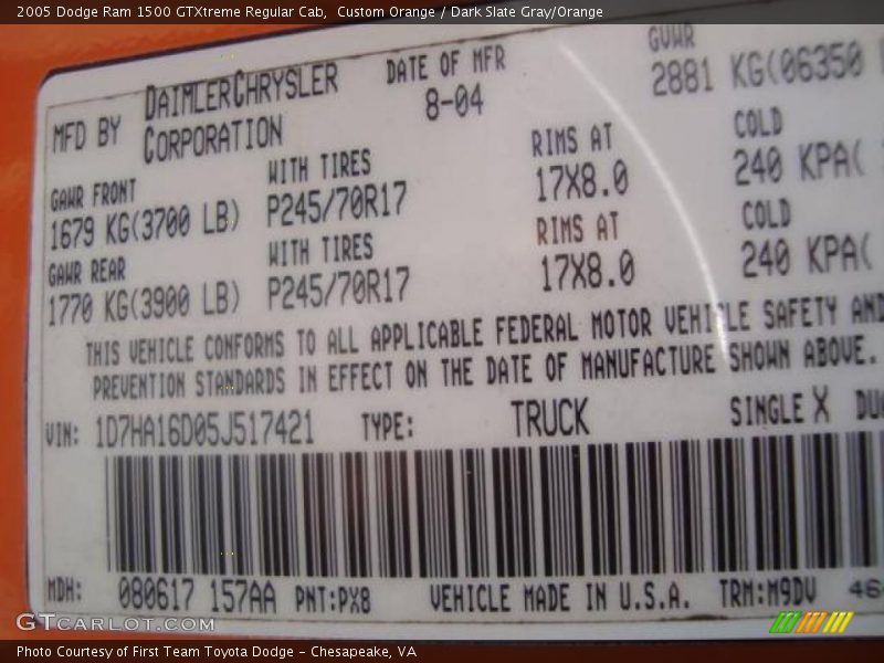 Custom Orange / Dark Slate Gray/Orange 2005 Dodge Ram 1500 GTXtreme Regular Cab