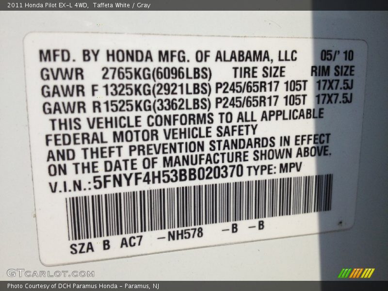 Taffeta White / Gray 2011 Honda Pilot EX-L 4WD