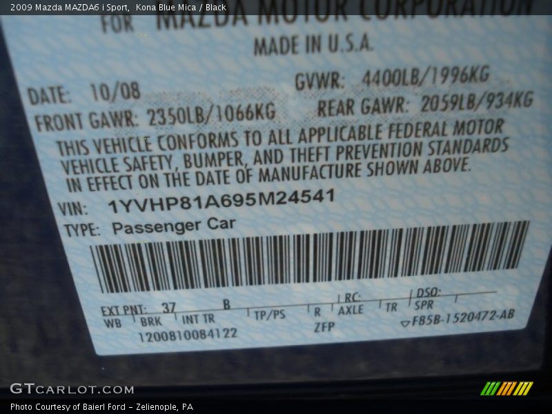 Kona Blue Mica / Black 2009 Mazda MAZDA6 i Sport