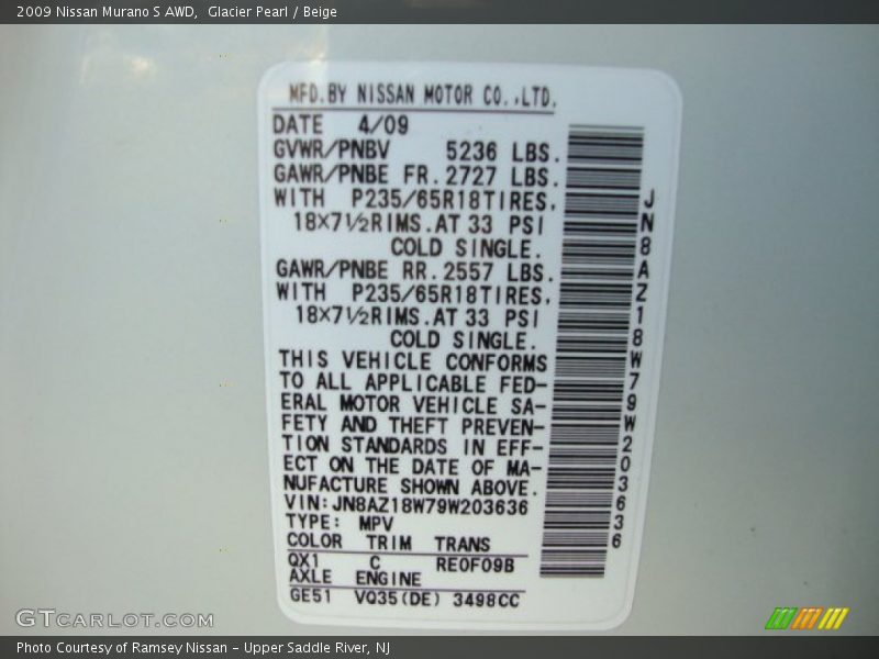 Glacier Pearl / Beige 2009 Nissan Murano S AWD