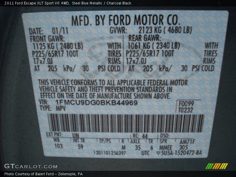 Steel Blue Metallic / Charcoal Black 2011 Ford Escape XLT Sport V6 4WD