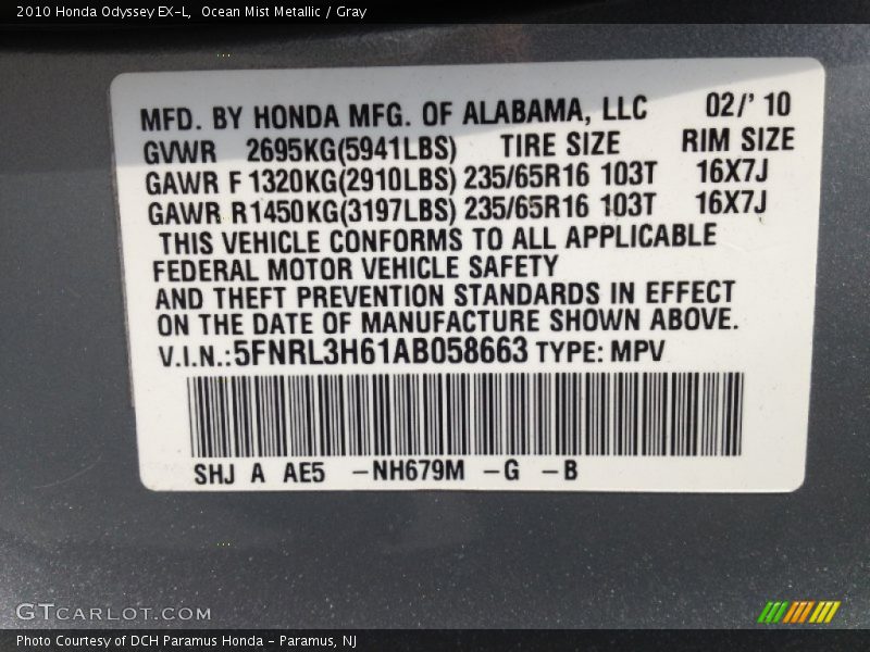 Ocean Mist Metallic / Gray 2010 Honda Odyssey EX-L