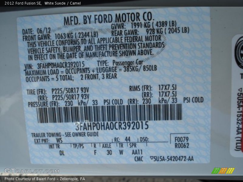 White Suede / Camel 2012 Ford Fusion SE