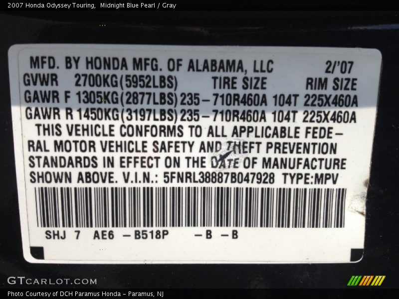 Midnight Blue Pearl / Gray 2007 Honda Odyssey Touring