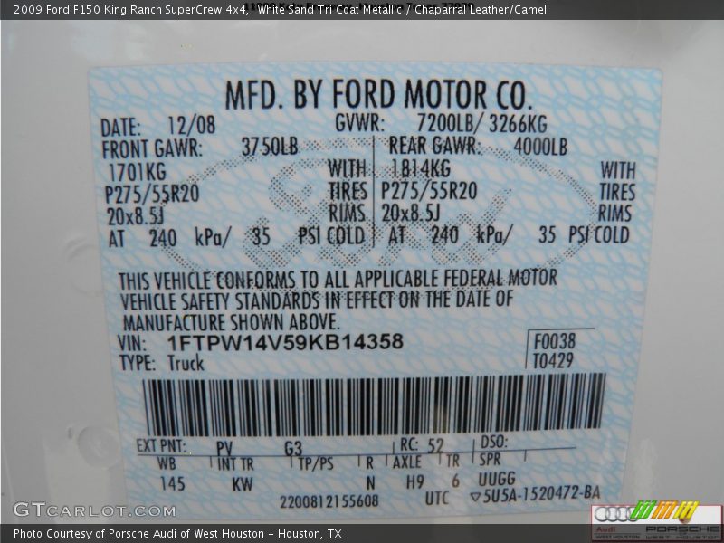 White Sand Tri Coat Metallic / Chaparral Leather/Camel 2009 Ford F150 King Ranch SuperCrew 4x4