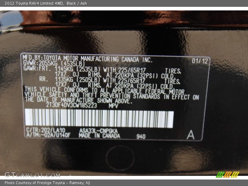 Black / Ash 2012 Toyota RAV4 Limited 4WD