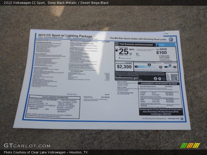  2013 CC Sport Window Sticker