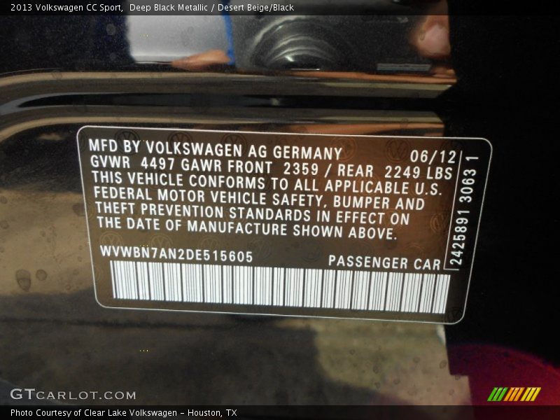 Deep Black Metallic / Desert Beige/Black 2013 Volkswagen CC Sport
