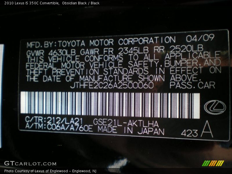 Obsidian Black / Black 2010 Lexus IS 350C Convertible