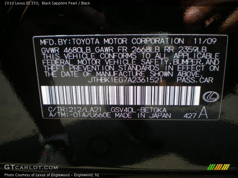 Black Sapphire Pearl / Black 2010 Lexus ES 350