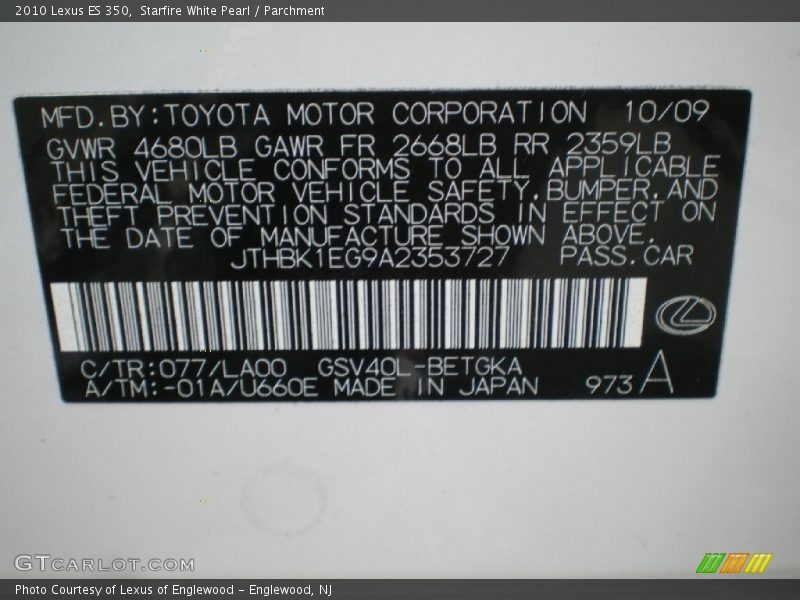 Starfire White Pearl / Parchment 2010 Lexus ES 350