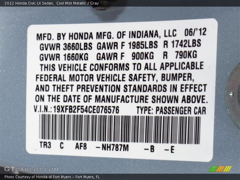 Cool Mist Metallic / Gray 2012 Honda Civic LX Sedan