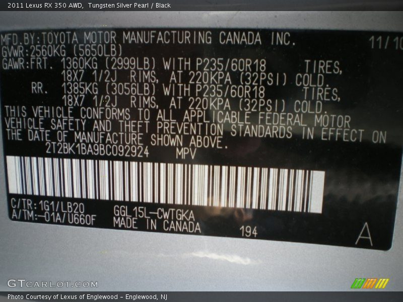Tungsten Silver Pearl / Black 2011 Lexus RX 350 AWD
