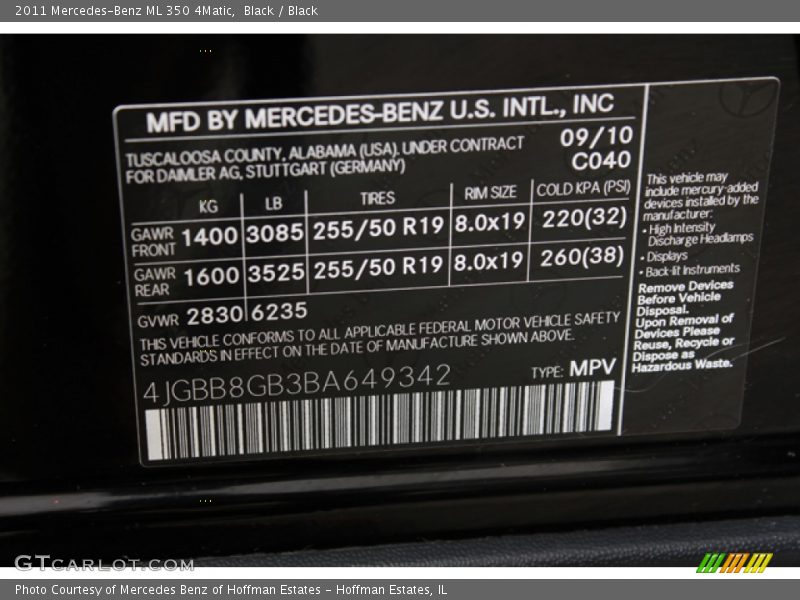 Black / Black 2011 Mercedes-Benz ML 350 4Matic