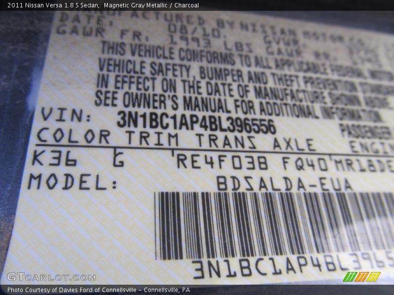 Magnetic Gray Metallic / Charcoal 2011 Nissan Versa 1.8 S Sedan