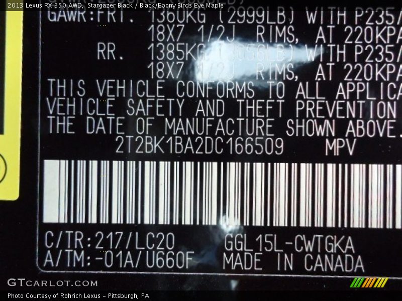 Stargazer Black / Black/Ebony Birds Eye Maple 2013 Lexus RX 350 AWD