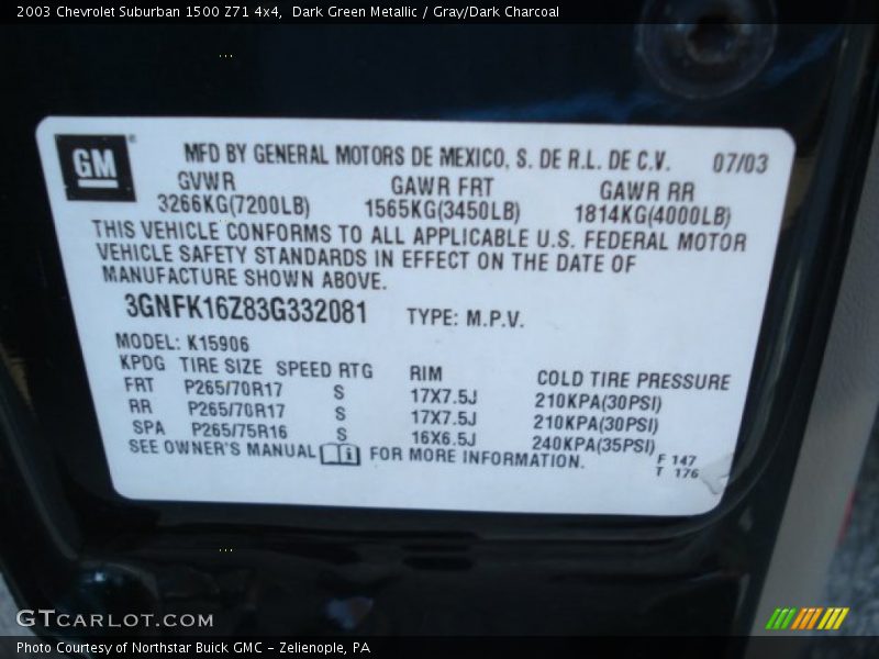 Dark Green Metallic / Gray/Dark Charcoal 2003 Chevrolet Suburban 1500 Z71 4x4