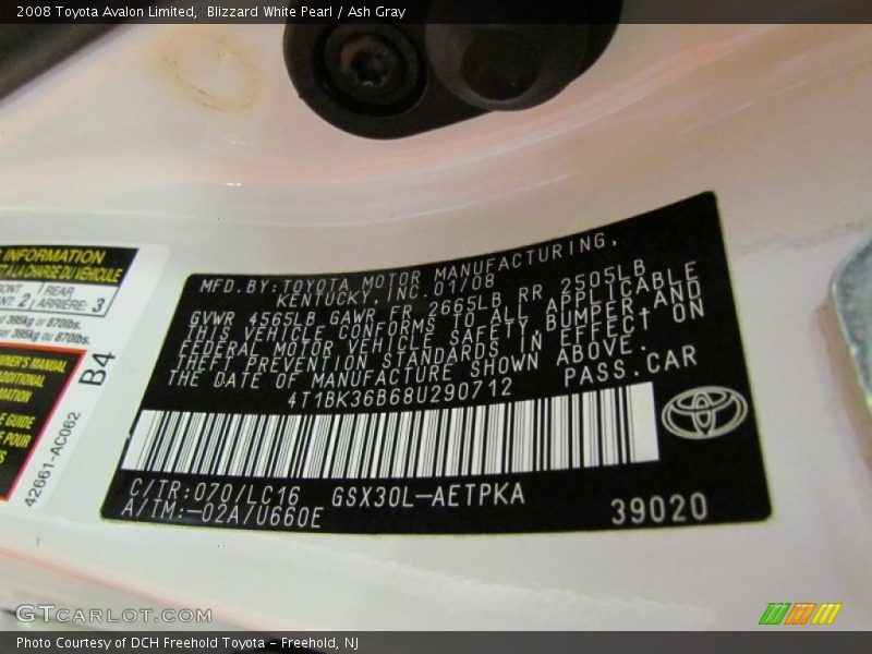 Blizzard White Pearl / Ash Gray 2008 Toyota Avalon Limited