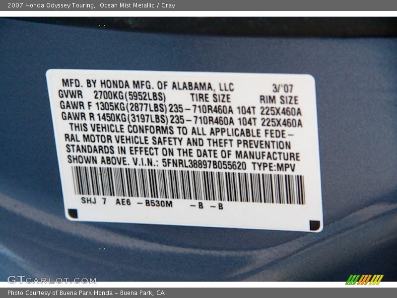 Ocean Mist Metallic / Gray 2007 Honda Odyssey Touring